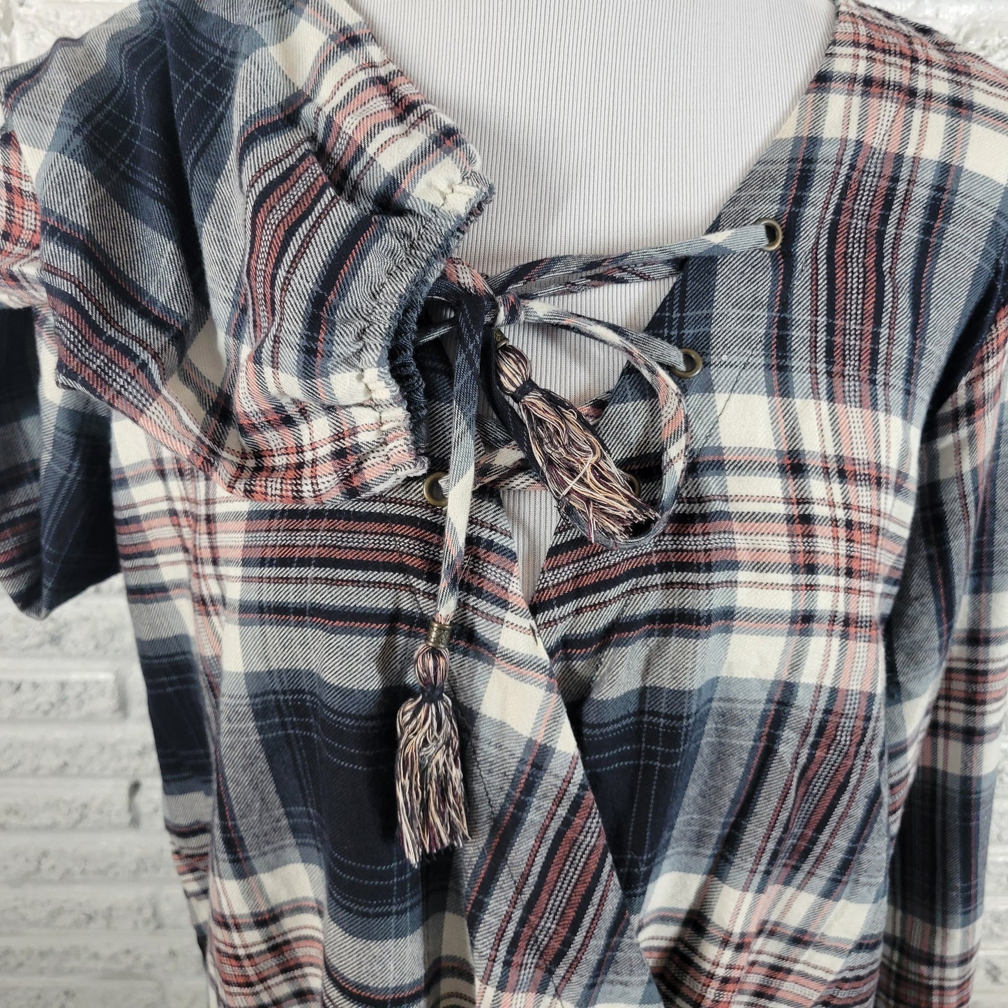 Knox Rose XXL Black Red Plaid Blouse Square Neck Long Sleeve Top PLA25E