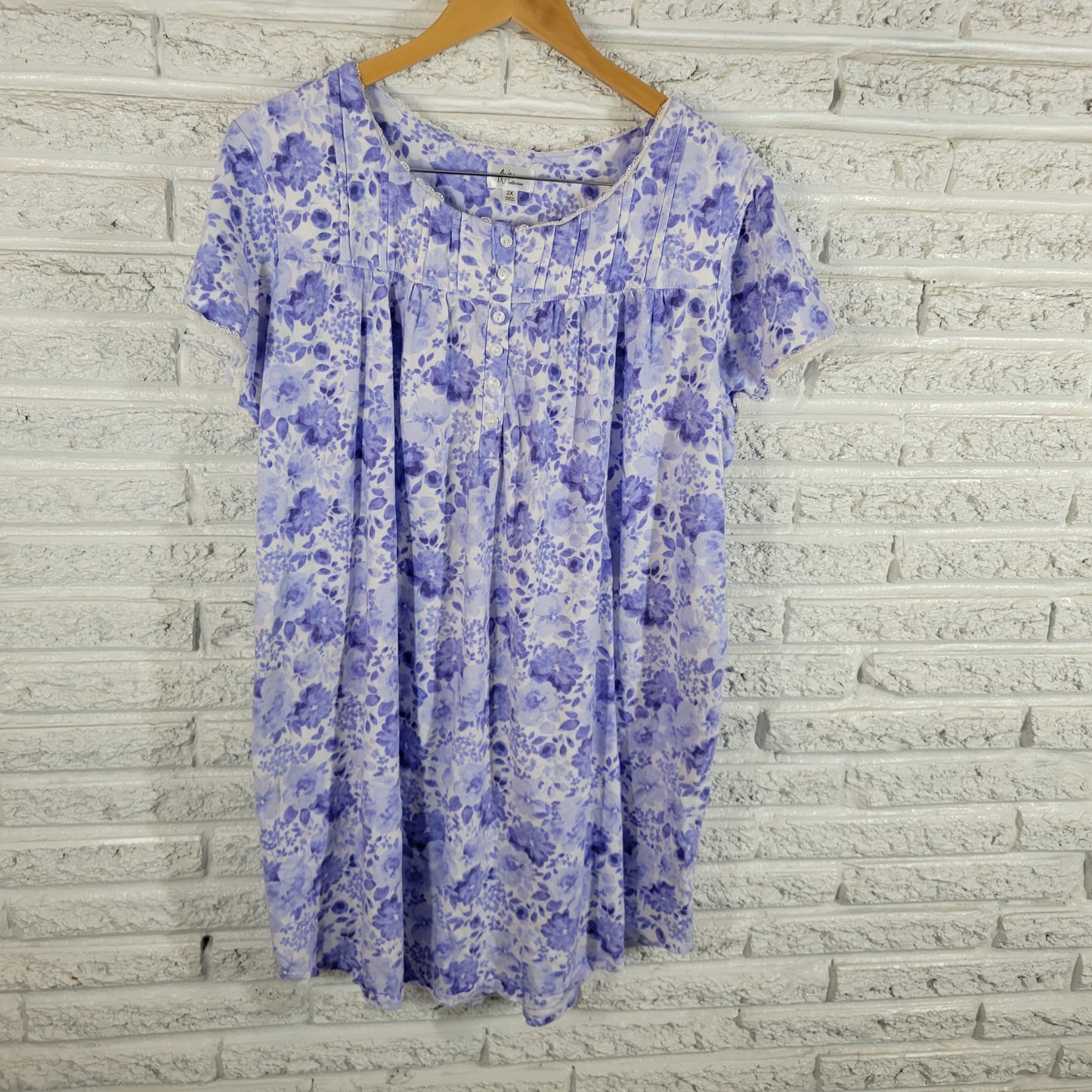 Aria Nightgown Womens 2X Blue White Floral 100% Cotton Lace Pintuck FLO48E