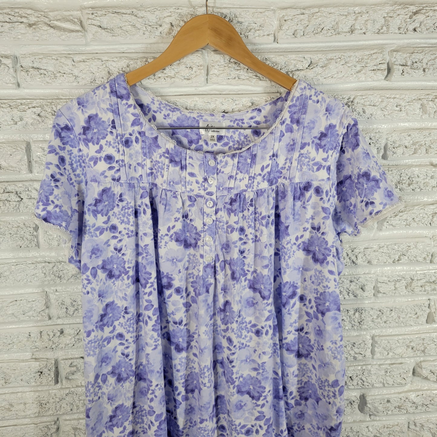 Aria Nightgown Womens 2X Blue White Floral 100% Cotton Lace Pintuck FLO48E