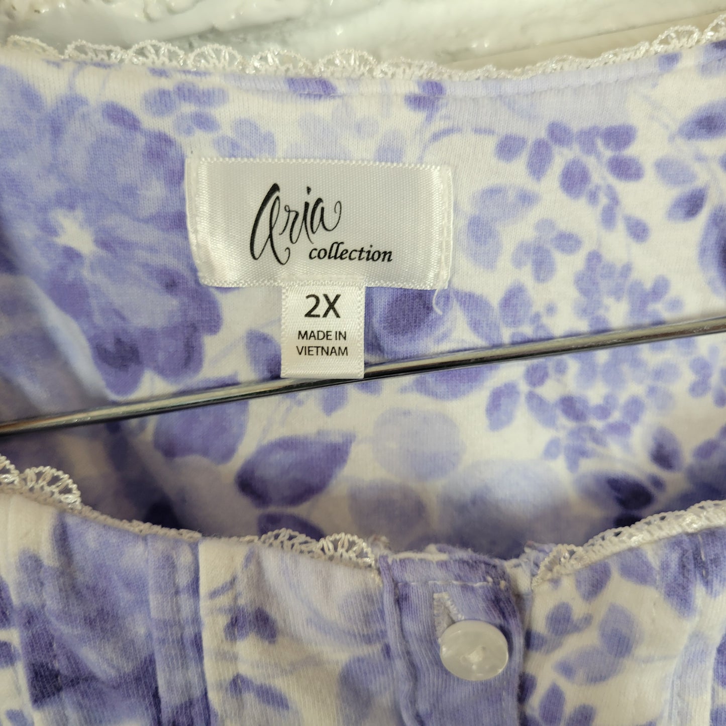 Aria Nightgown Womens 2X Blue White Floral 100% Cotton Lace Pintuck FLO48E