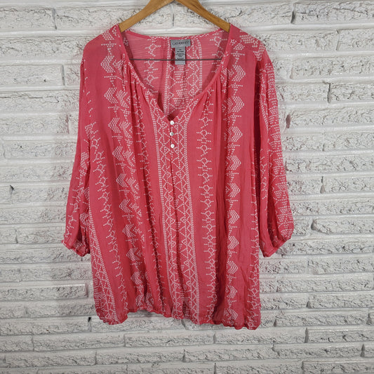 Catherines 3X Tunic Top Pink White Geometric VNeck Button Sheer Plus GEO141E