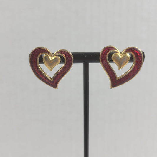 Vintage Gold Tone Red Enamel Double Heart Post Stud Earrings Valentine E132E