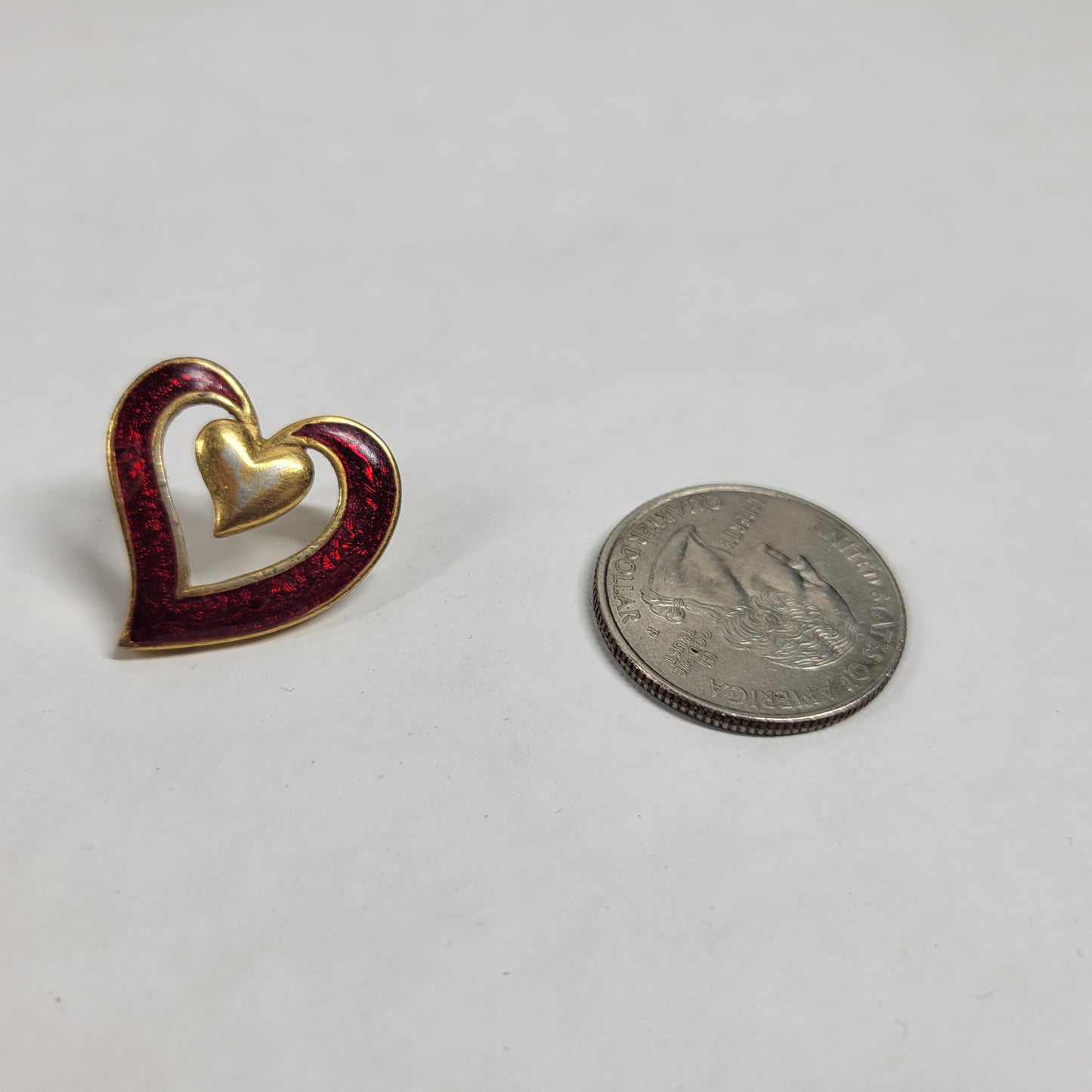 Vintage Gold Tone Red Enamel Double Heart Post Stud Earrings Valentine E132E