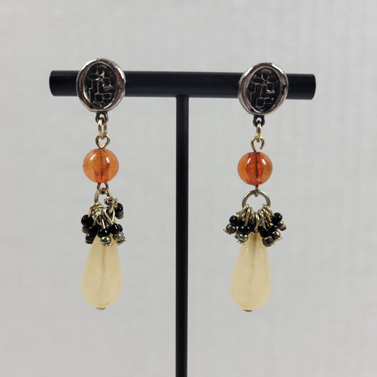 Vintage Silver Tone Orange Yellow Teardrop Dangle Drop Post Stud Earrings E133E
