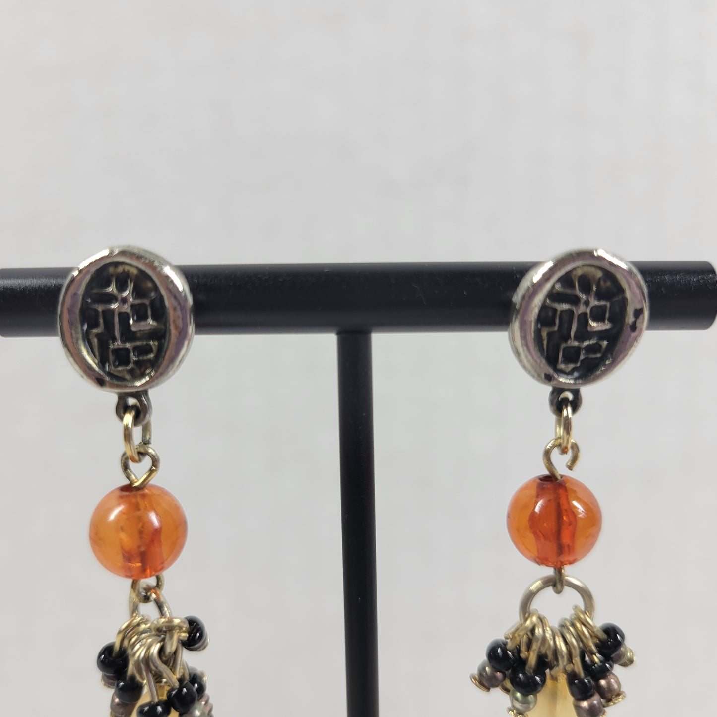 Vintage Silver Tone Orange Yellow Teardrop Dangle Drop Post Stud Earrings E133E