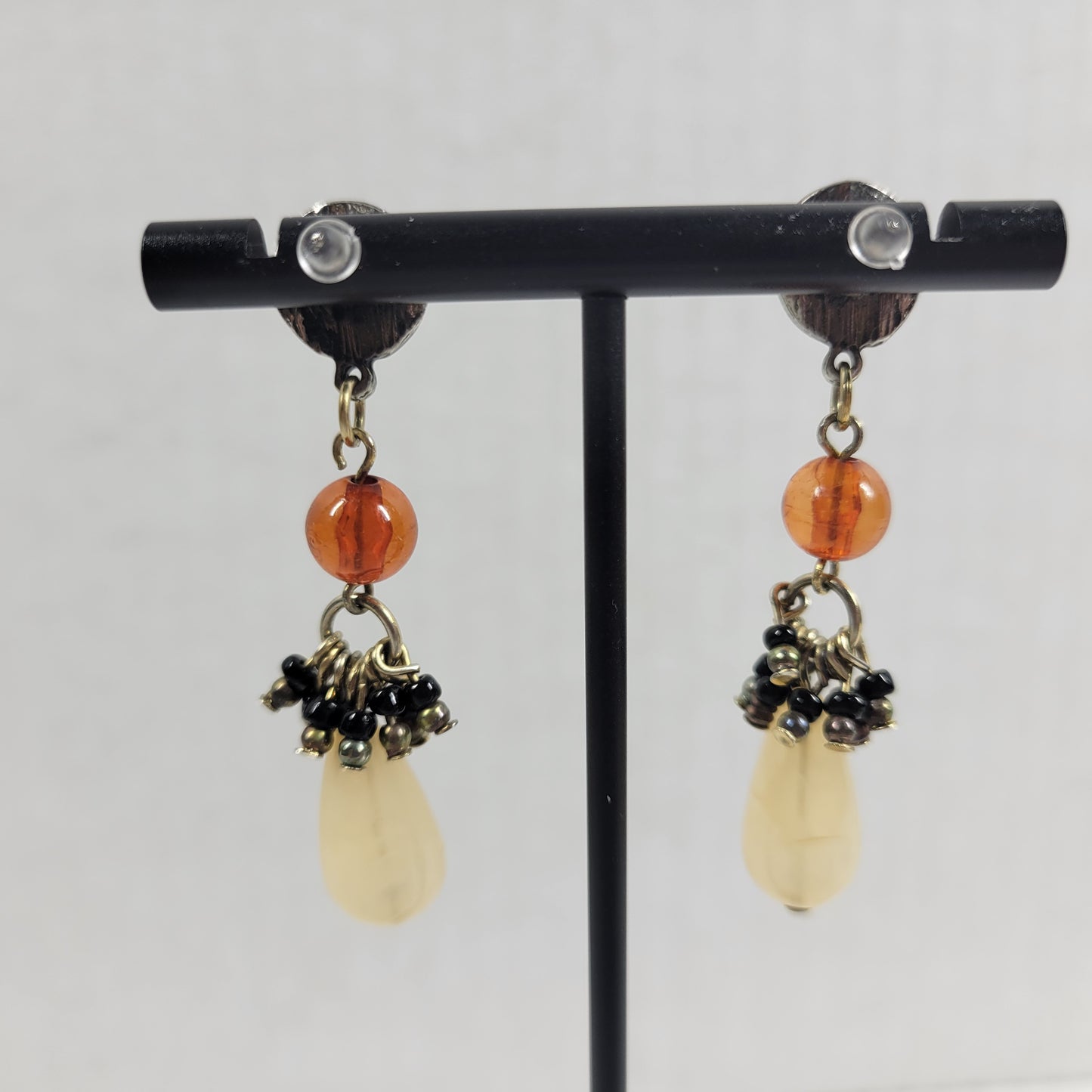 Vintage Silver Tone Orange Yellow Teardrop Dangle Drop Post Stud Earrings E133E