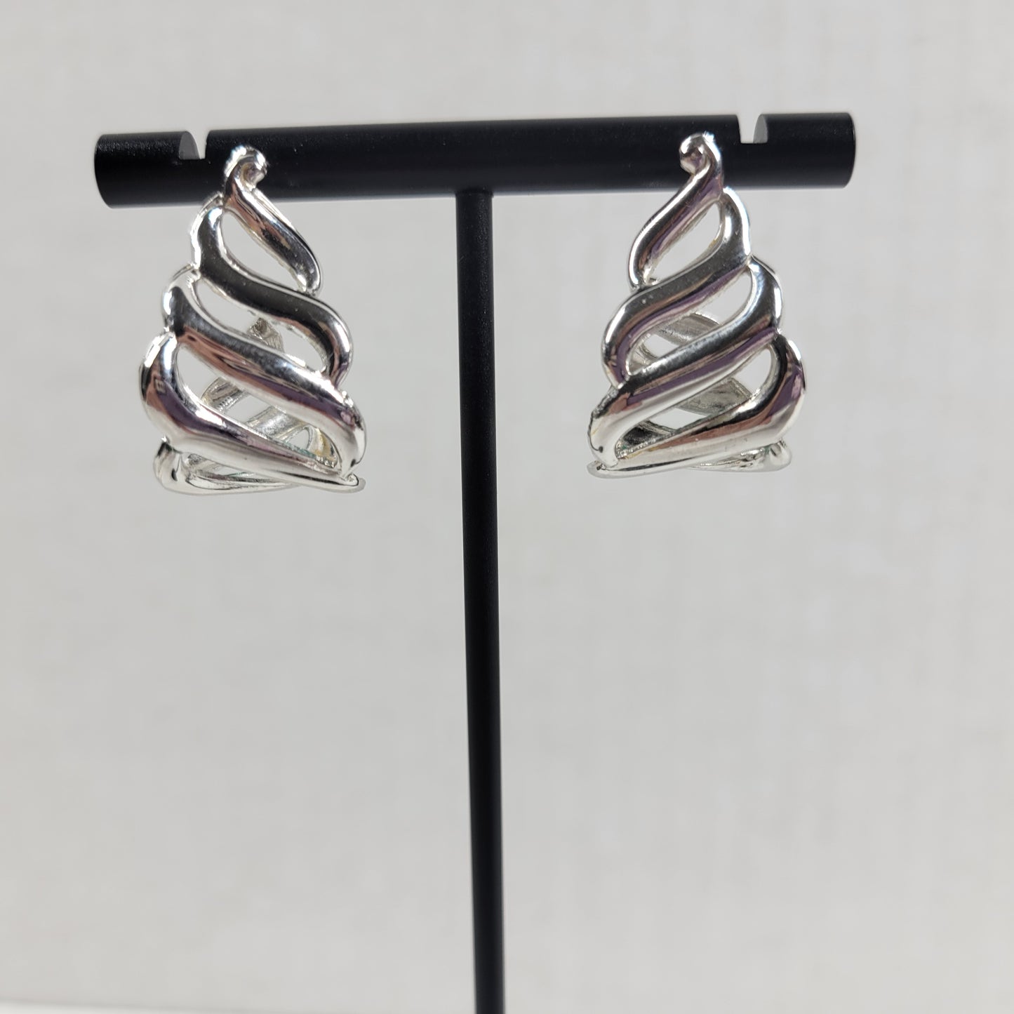Vintage Silver Tone Openwork Swirl J Hoop Post Earrings Abstract Cutout E134E