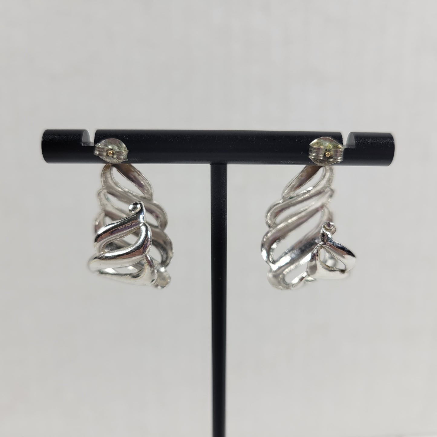Vintage Silver Tone Openwork Swirl J Hoop Post Earrings Abstract Cutout E134E