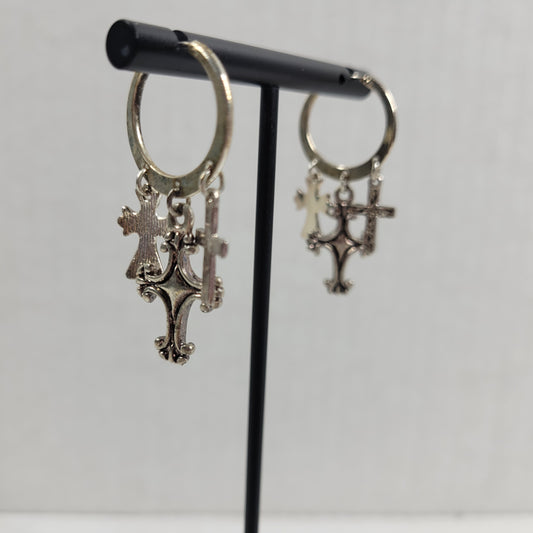 Rebecca Malone Silver Tone Hoop Earrings Multi Charm Dangle Cross Faith E135E