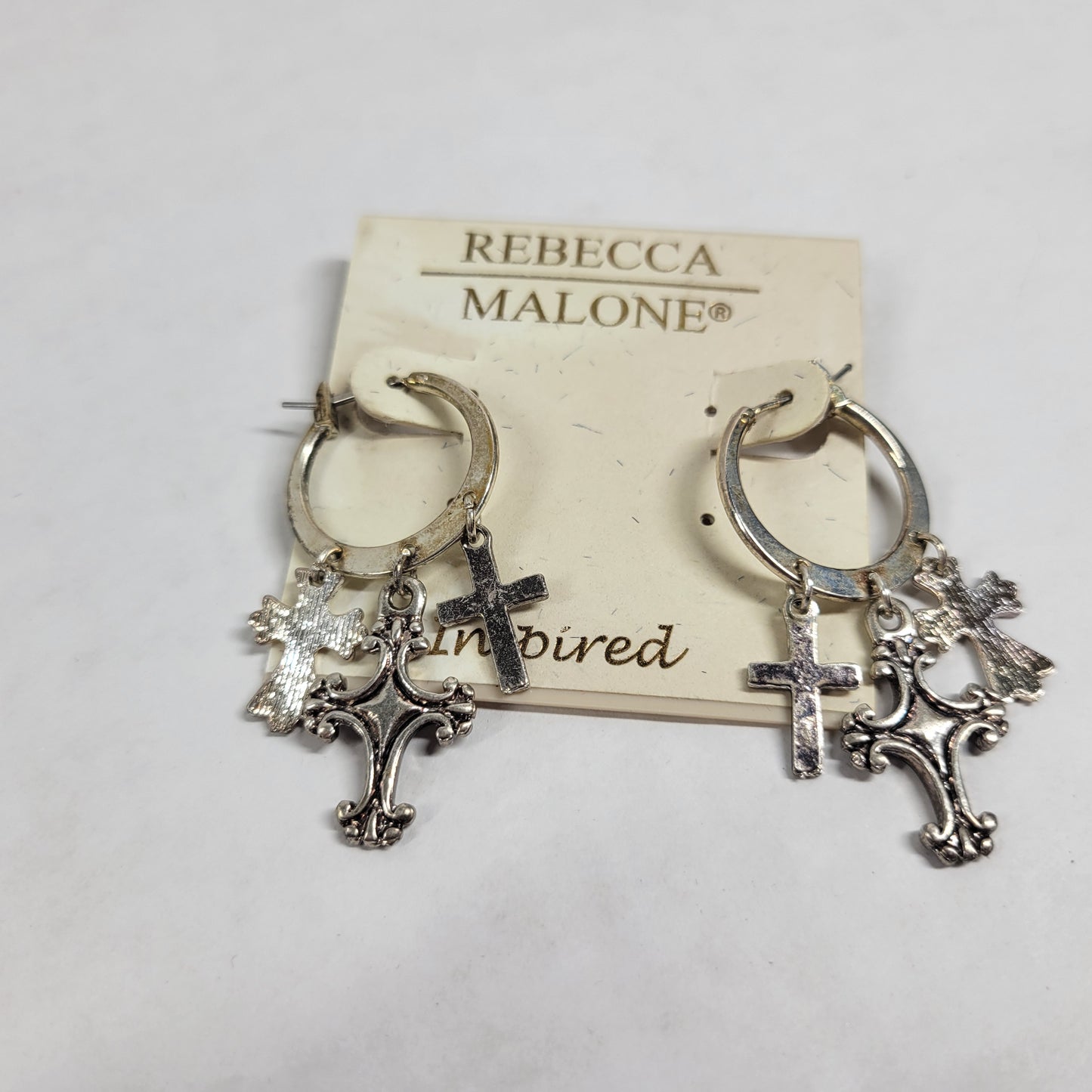 Rebecca Malone Silver Tone Hoop Earrings Multi Charm Dangle Cross Faith E135E