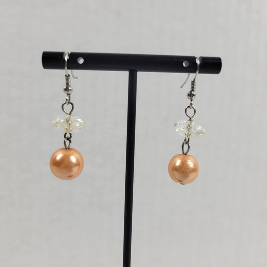 Vintage Peach Faux Pearl Dangle Earrings Clear Faceted Lucite Bead Hook E137E