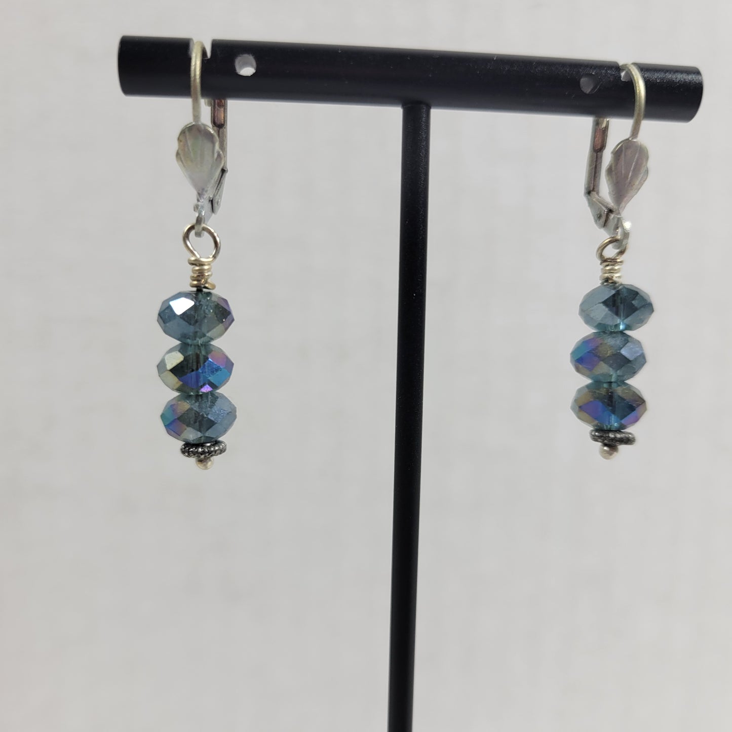 Vintage Iridescent Blue Crystal Bead Dangle Earrings Aurora Borealis E138E