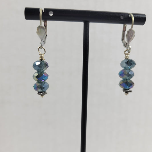 Vintage Iridescent Blue Crystal Bead Dangle Earrings Aurora Borealis E138E