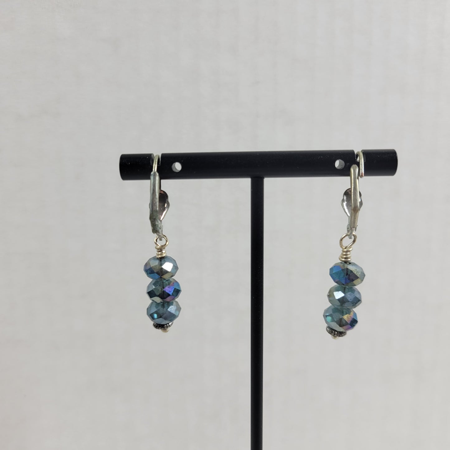 Vintage Iridescent Blue Crystal Bead Dangle Earrings Aurora Borealis E138E