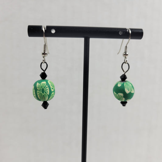 Green Polymer Clay Millefiori Floral Bead Dangle Earrings Black Crystal E139E