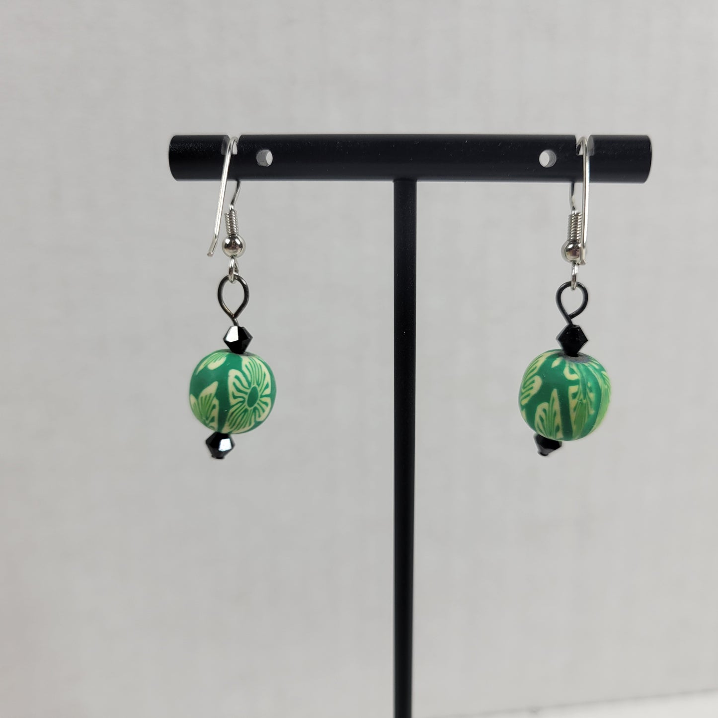 Green Polymer Clay Millefiori Floral Bead Dangle Earrings Black Crystal E139E