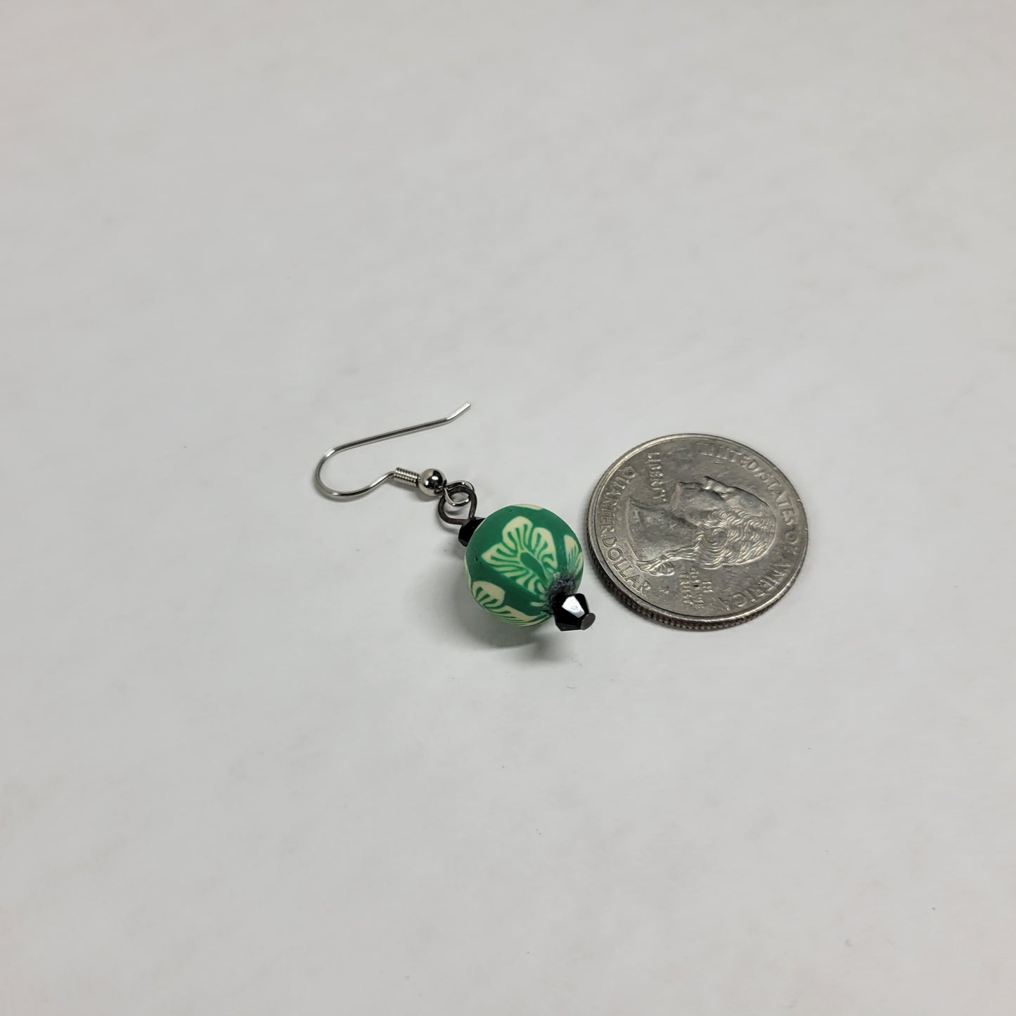 Green Polymer Clay Millefiori Floral Bead Dangle Earrings Black Crystal E139E