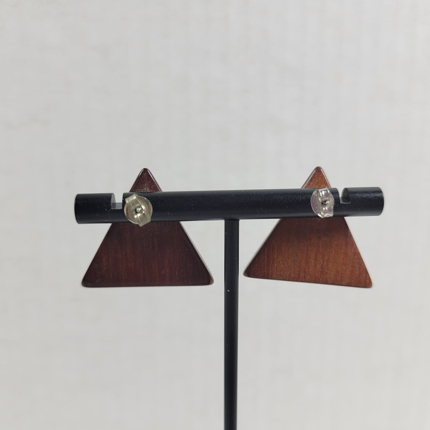 Vintage Modernist Brown Wood Triangle Stud Earrings Geometric Boho Post E140E