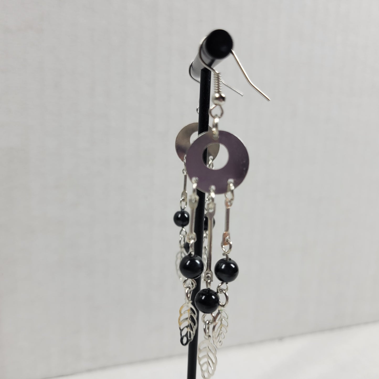 Black Bead Silver Dangle Earrings Leaf Charm Drop Boho Fashion Gift E141EV