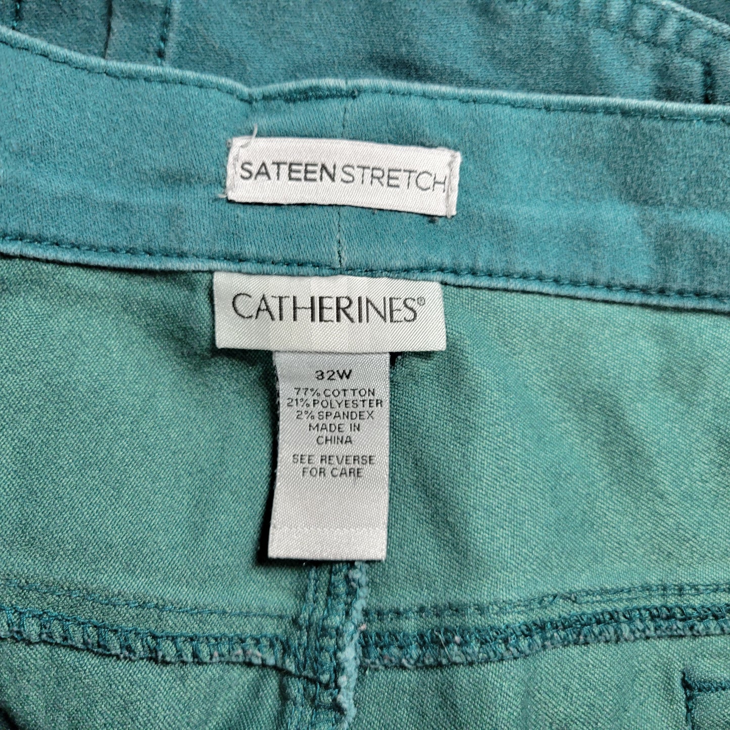 Catherines Green Sateen Jeans Size 32W Plus Comfort Stretch Elastic Waist SL118E