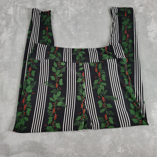 LuLaRoe Christmas Leggings Womens TC2 Holly Berry Stripes Black Green FLO227E