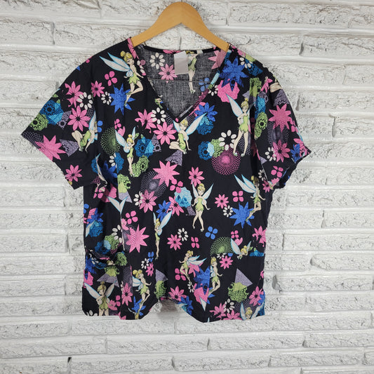 Disney Tinkerbell Scrub Top XL Multi Color Floral Cotton Nurse Medical NOV100E