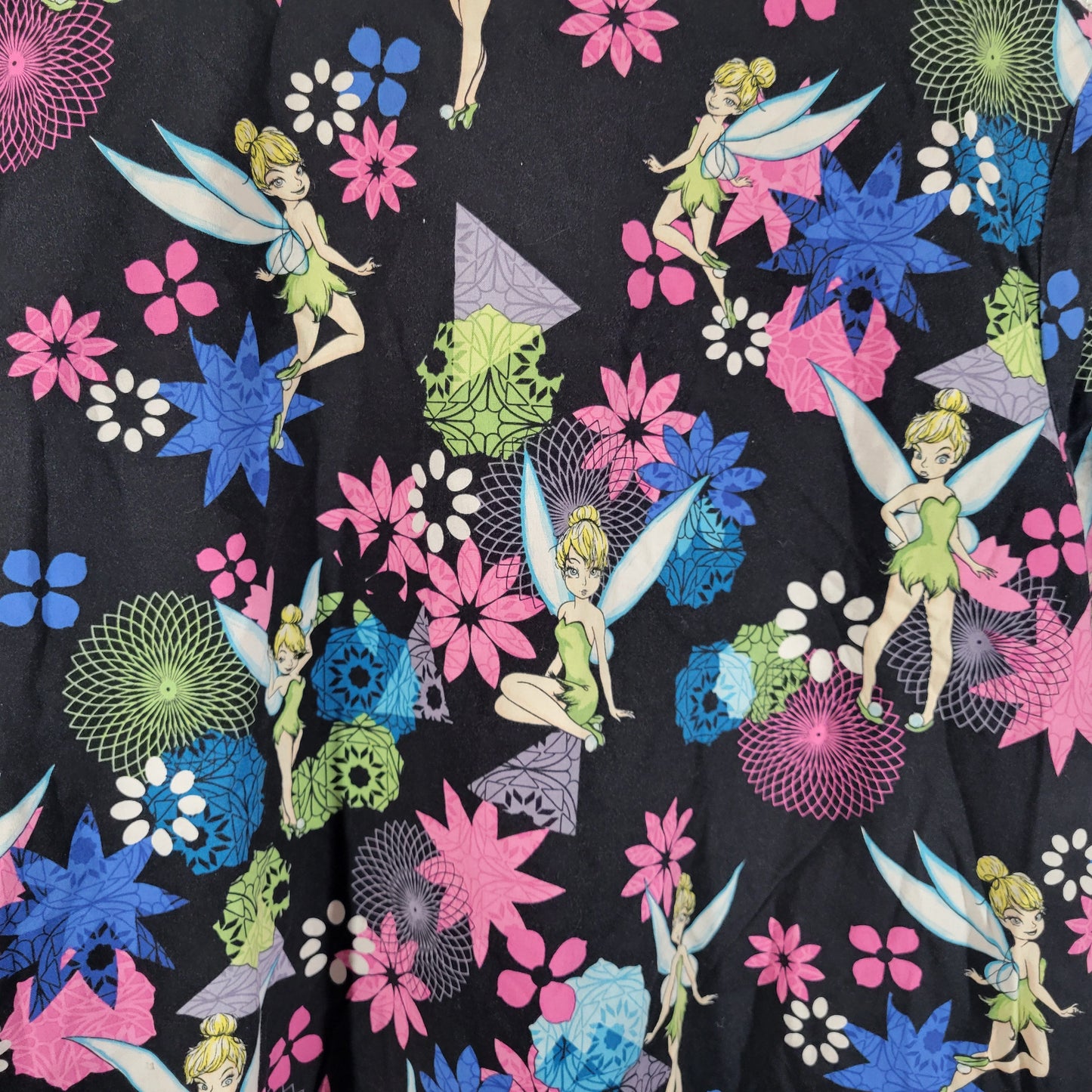 Disney Tinkerbell Scrub Top XL Multi Color Floral Cotton Nurse Medical NOV100E