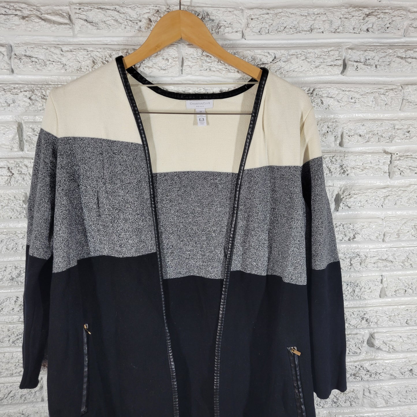 Charter Club Open Sweater Womens 0X Faux Leather Trim Knit Cardigan Zip SWE49E