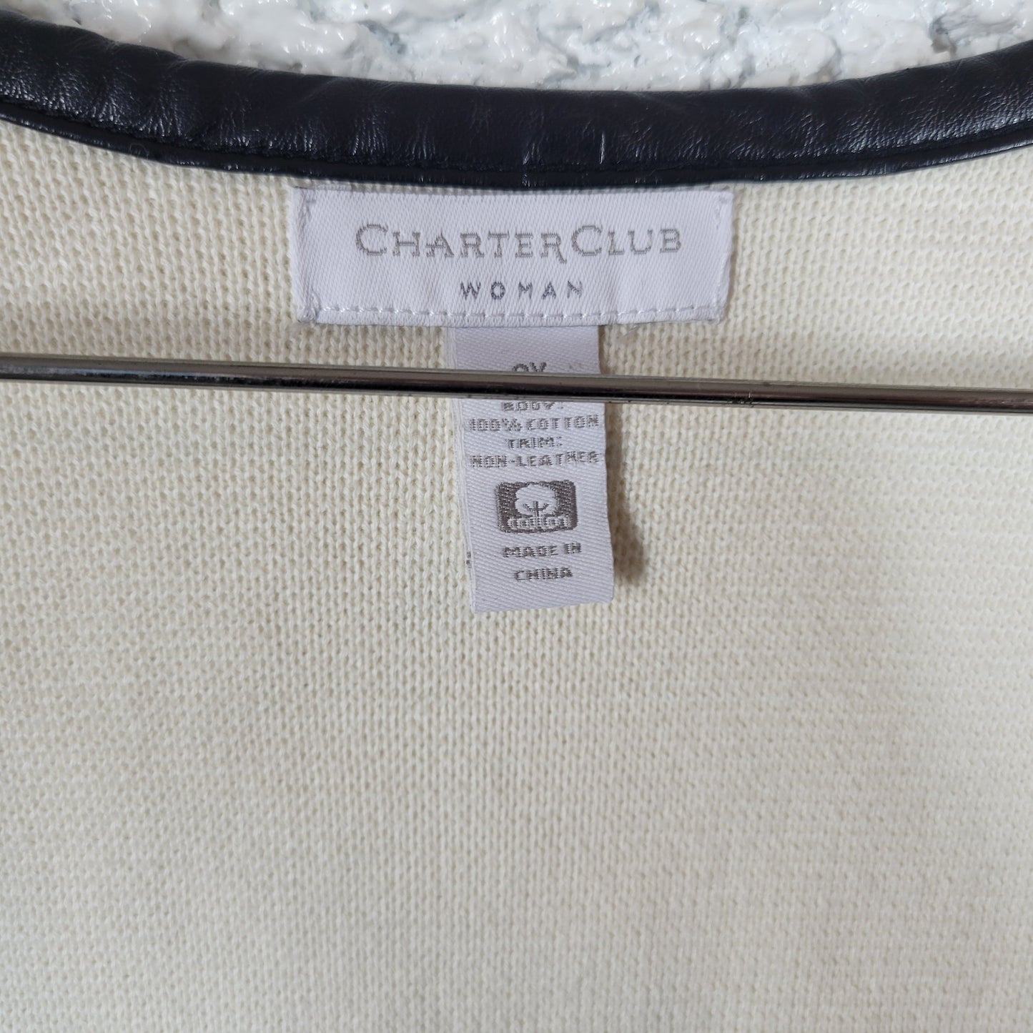 Charter Club Open Sweater Womens 0X Faux Leather Trim Knit Cardigan Zip SWE49E