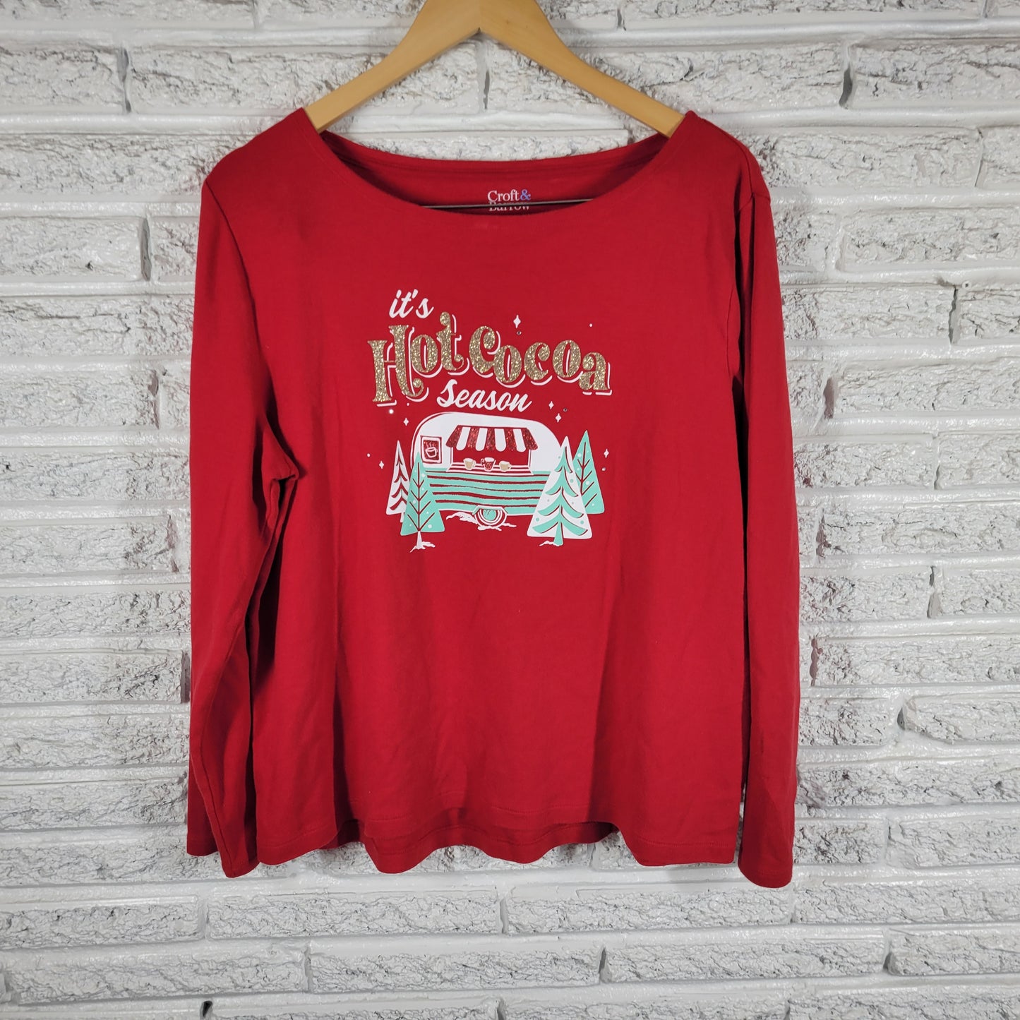 Croft & Barrow Christmas Tee Womens XL Red Hot Cocoa Camping RV RED42E