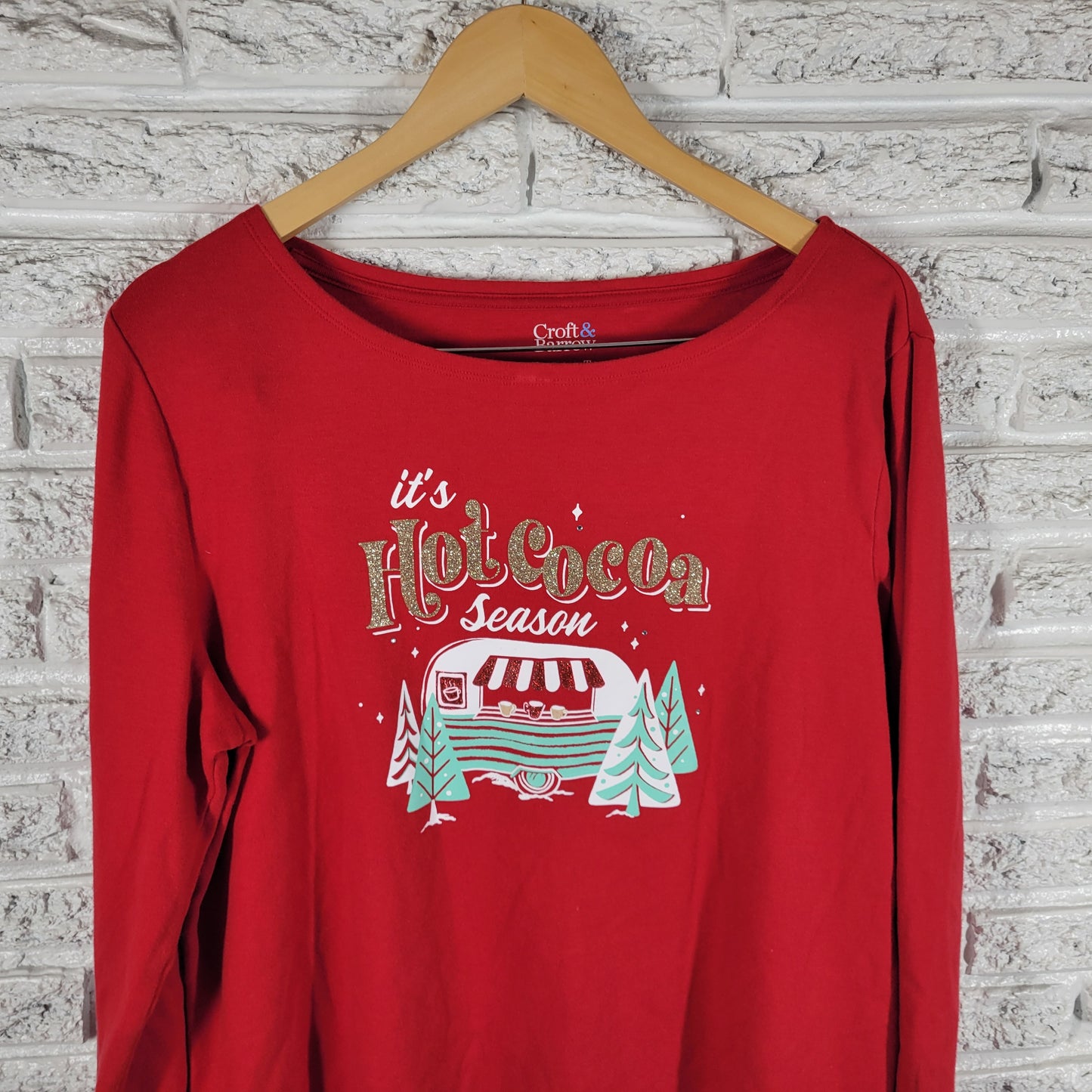 Croft & Barrow Christmas Tee Womens XL Red Hot Cocoa Camping RV RED42E