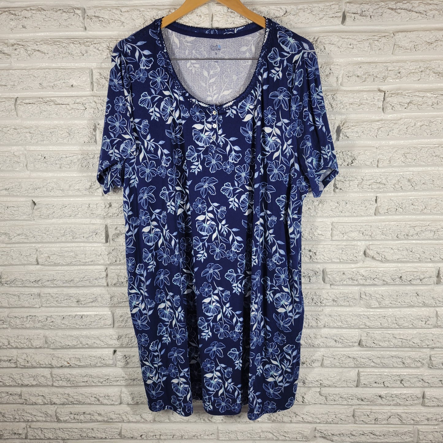 Croft & Barrow Nightgown Womens 2X Blue Floral Crochet Trim 1/4 Button FLO237E