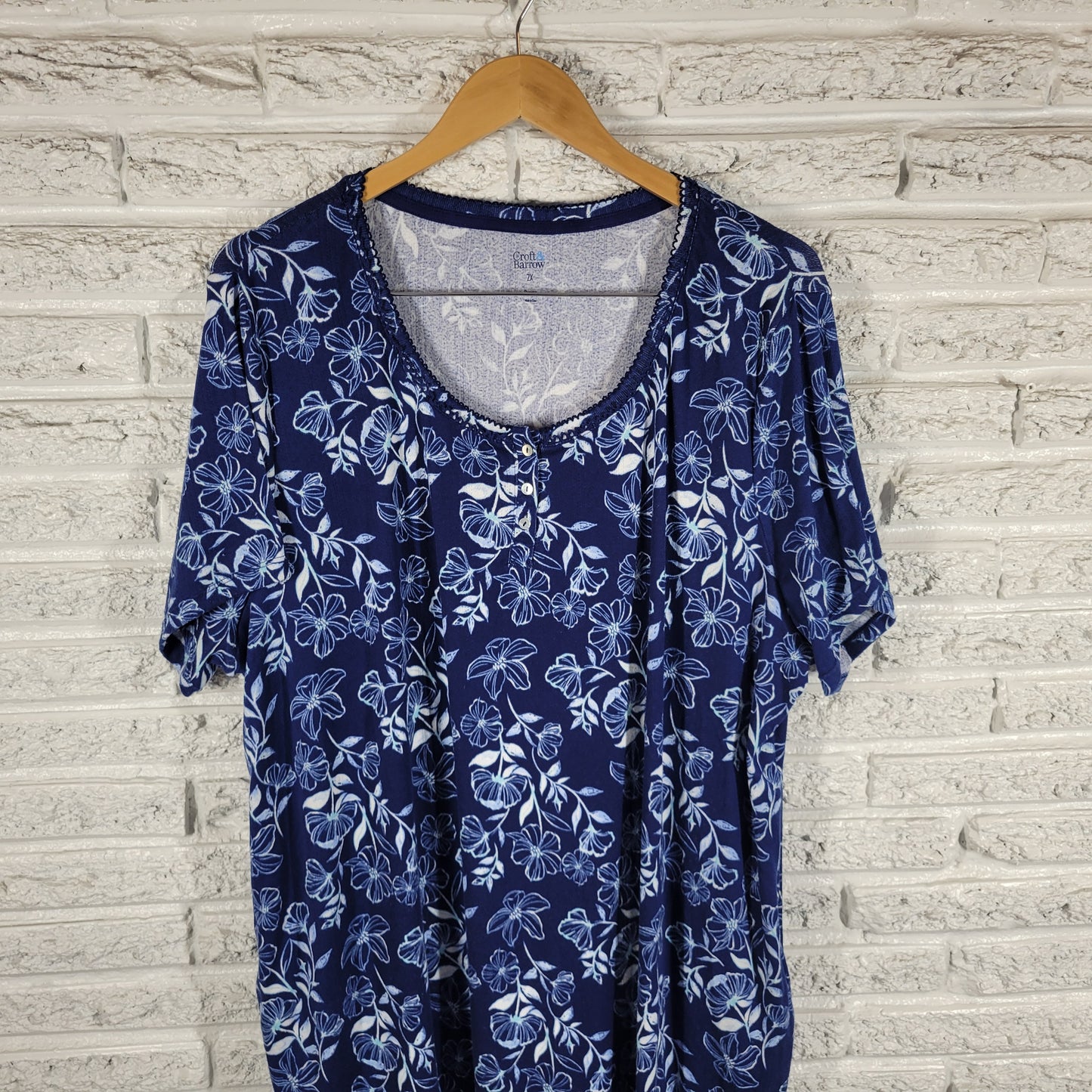Croft & Barrow Nightgown Womens 2X Blue Floral Crochet Trim 1/4 Button FLO237E