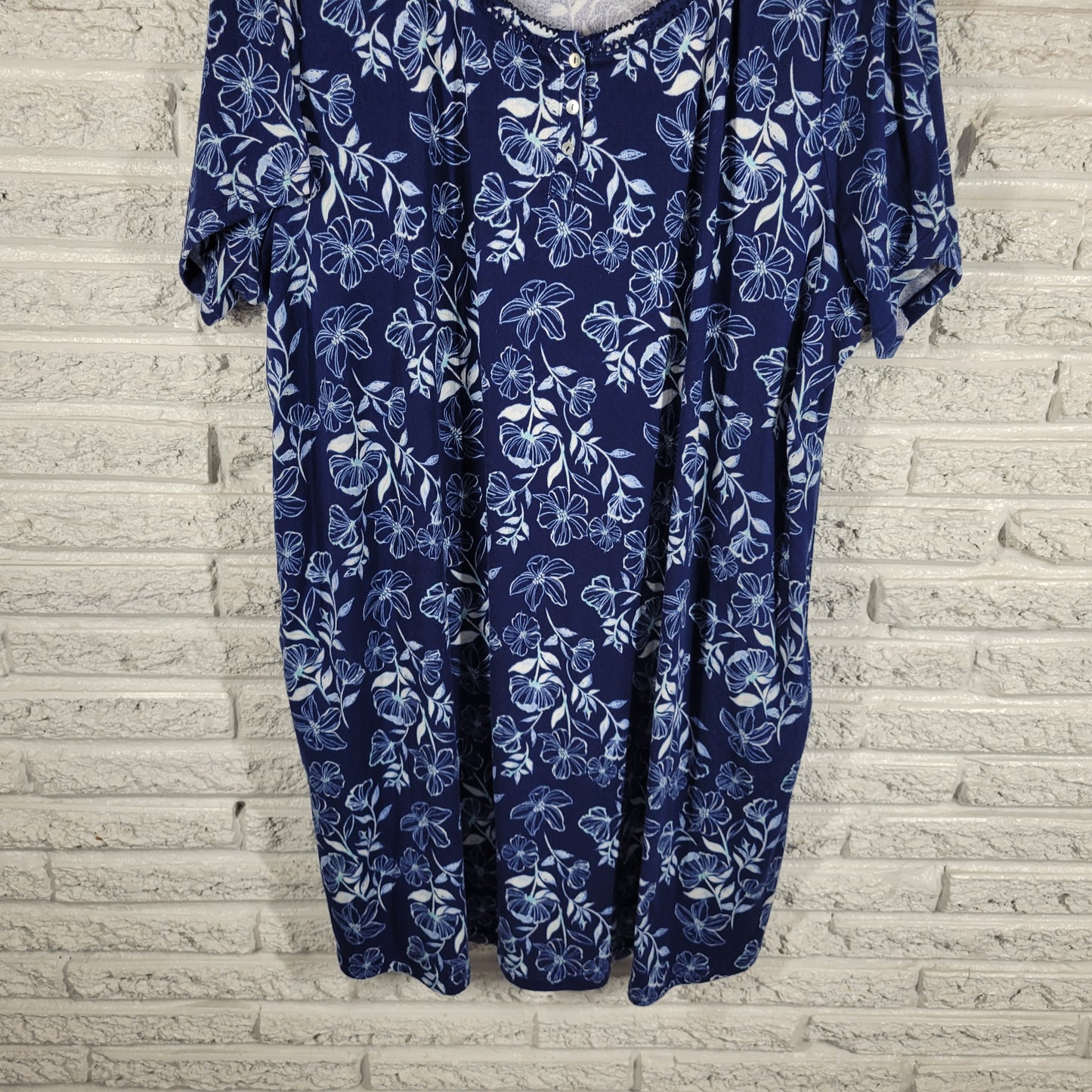 Croft & Barrow Nightgown Womens 2X Blue Floral Crochet Trim 1/4 Button FLO237E
