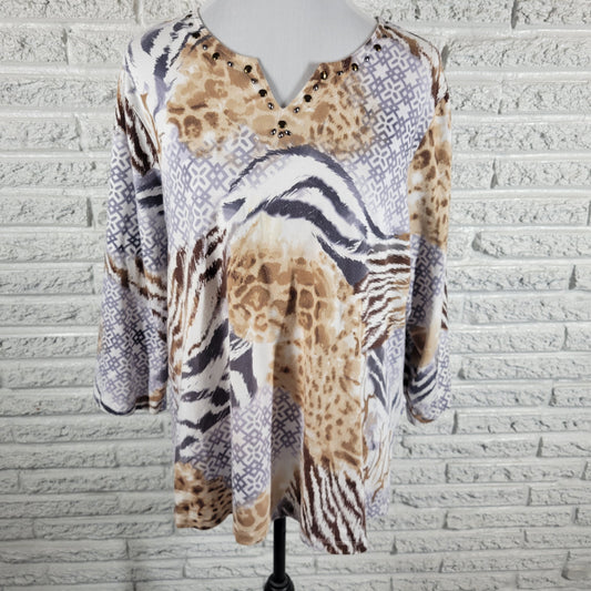Alfred Dunner Top Womens 1X Brown Animal Print Studded V-Neck 3/4 Sleeve ANI37E