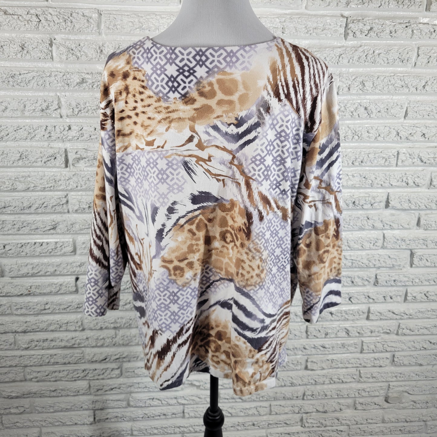 Alfred Dunner Top Womens 1X Brown Animal Print Studded V-Neck 3/4 Sleeve ANI37E