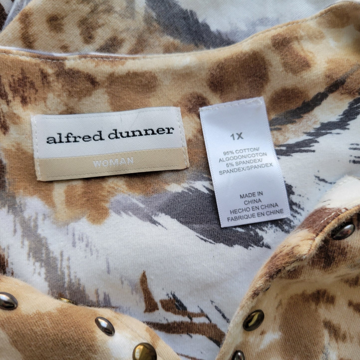 Alfred Dunner Top Womens 1X Brown Animal Print Studded V-Neck 3/4 Sleeve ANI37E