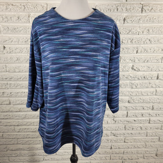 Lands End Serious Sweats Top Womens 2X Blue Heather Stripe 3/4 Sleeve WAT88E