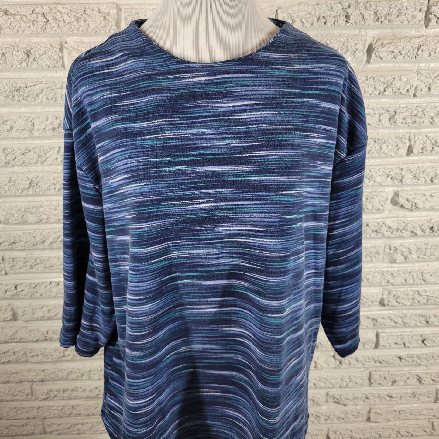 Lands End Serious Sweats Top Womens 2X Blue Heather Stripe 3/4 Sleeve WAT88E