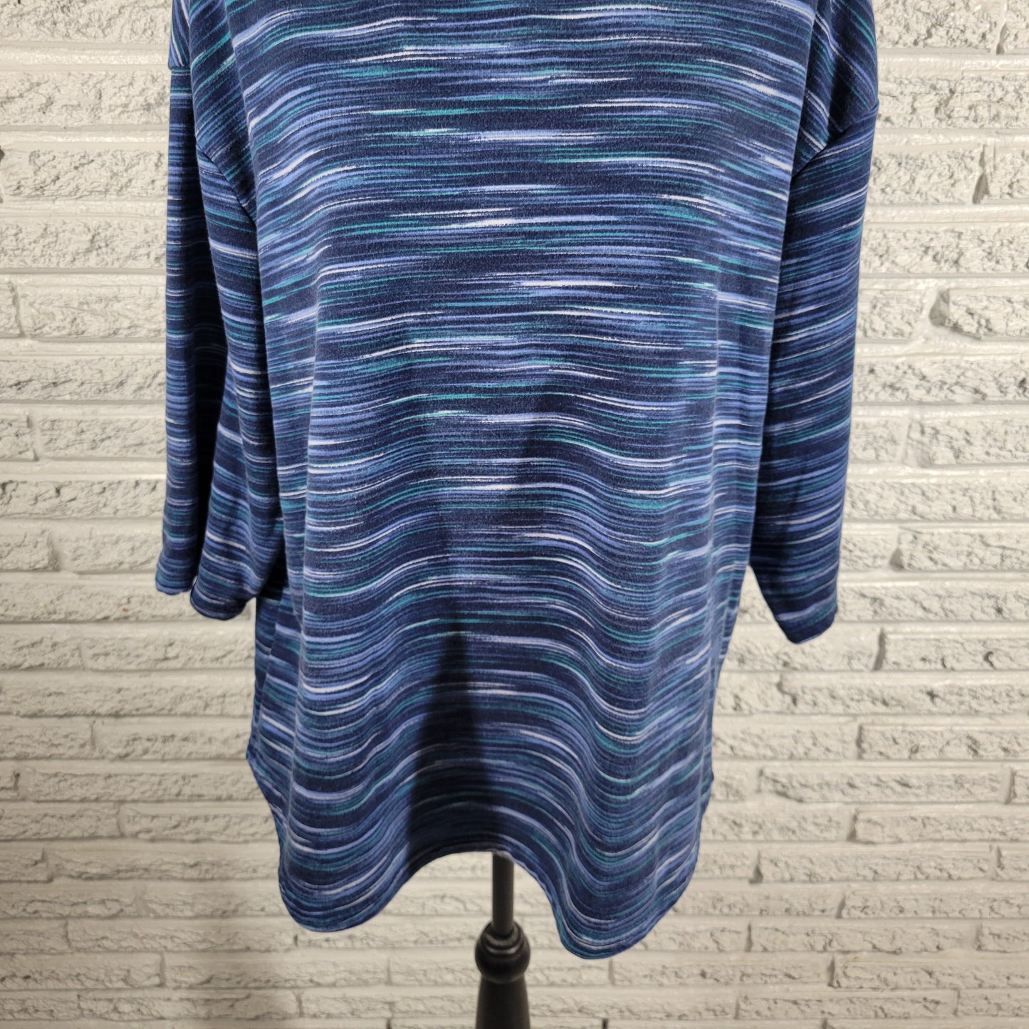 Lands End Serious Sweats Top Womens 2X Blue Heather Stripe 3/4 Sleeve WAT88E