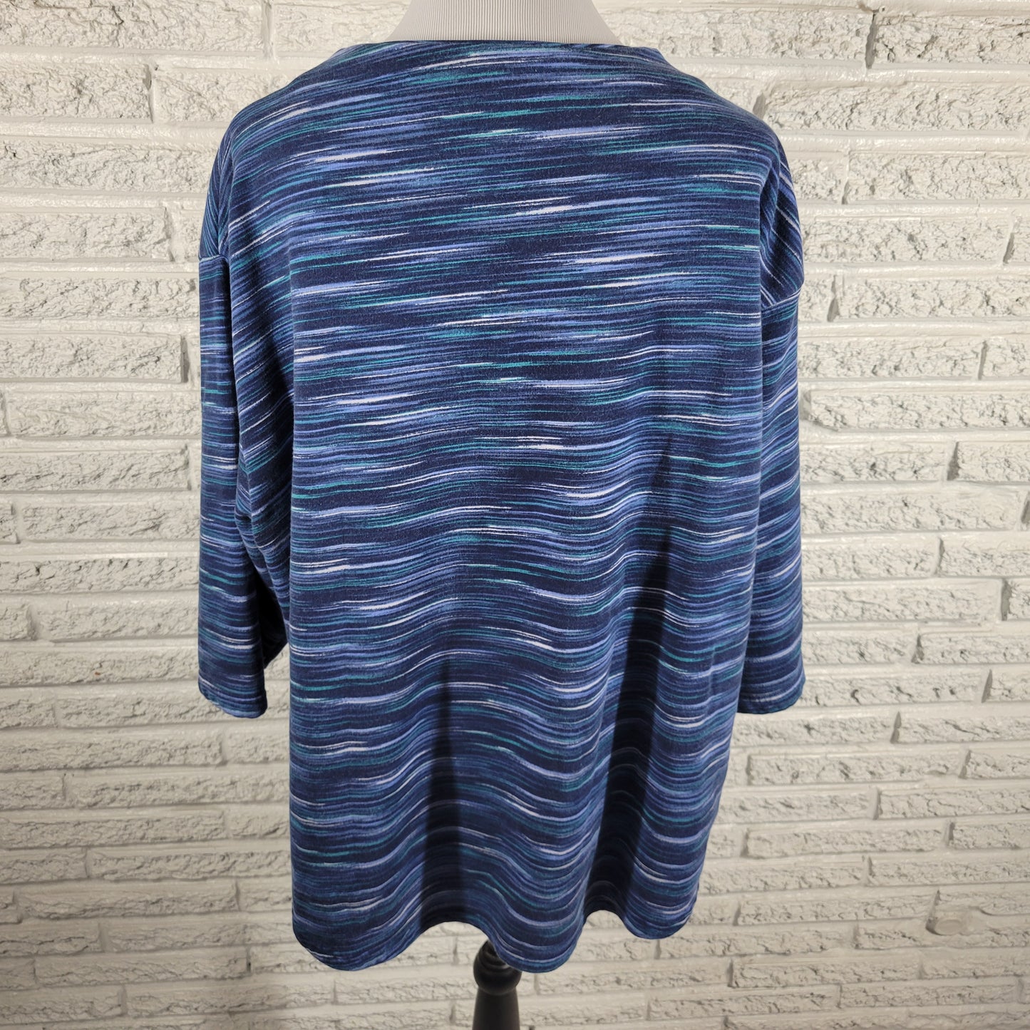 Lands End Serious Sweats Top Womens 2X Blue Heather Stripe 3/4 Sleeve WAT88E