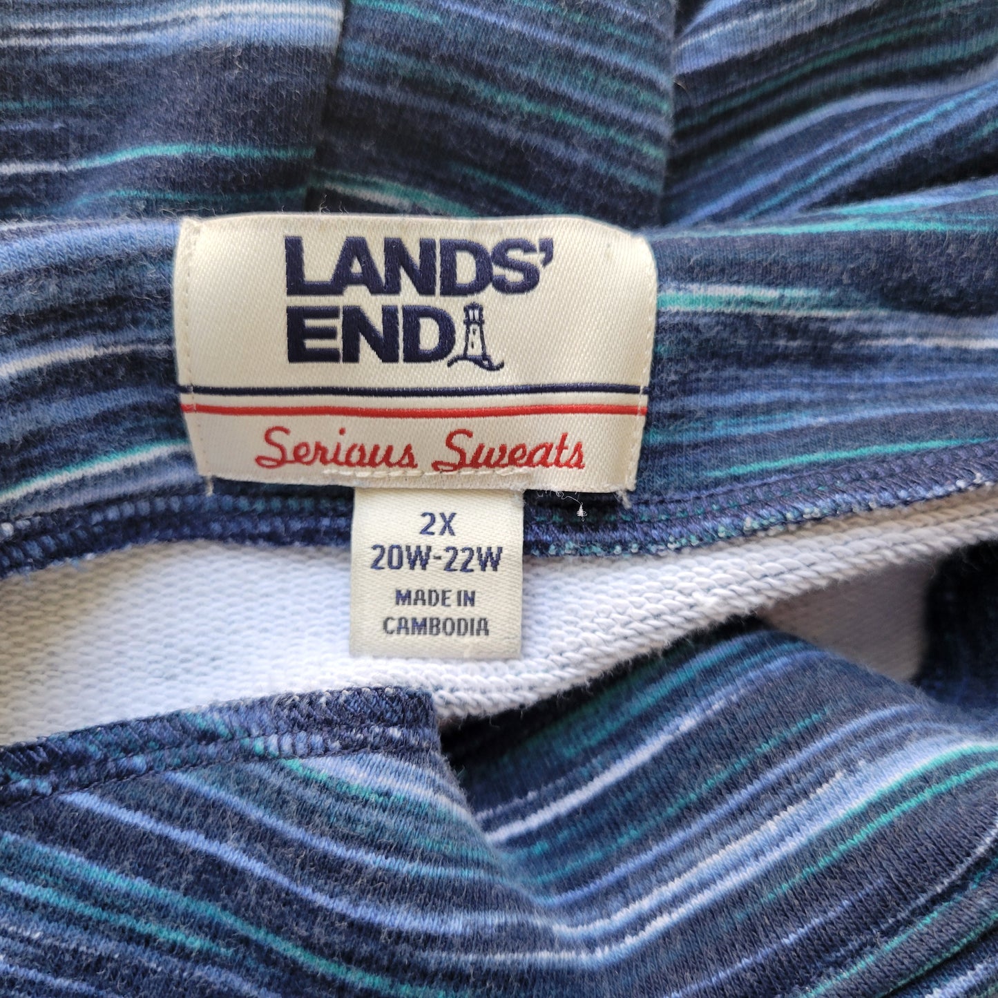 Lands End Serious Sweats Top Womens 2X Blue Heather Stripe 3/4 Sleeve WAT88E