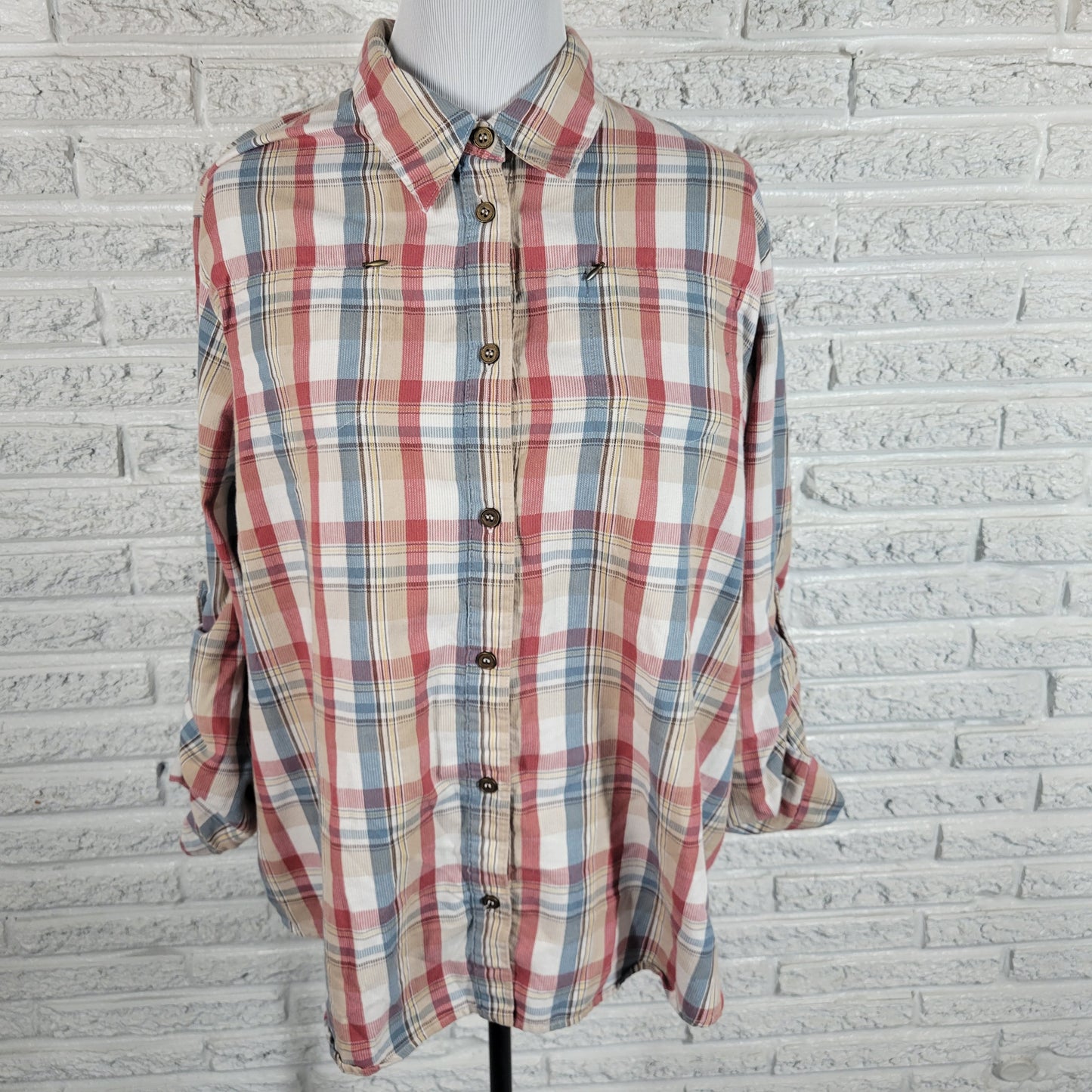 Alfred Dunner Womens Top 20W Plus Plaid Red Blue Tan Roll Tab Sleeve Zip PLA46E