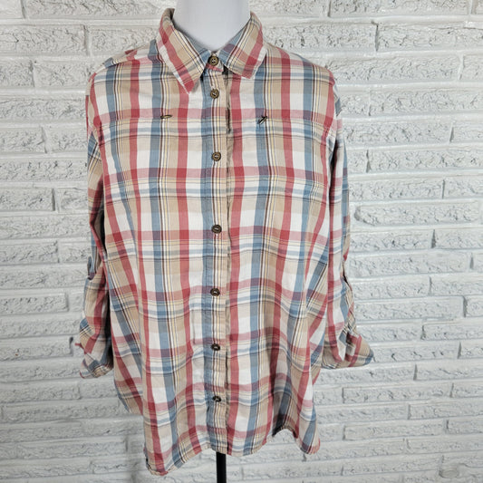 Alfred Dunner Womens Top 20W Plus Plaid Red Blue Tan Roll Tab Sleeve Zip PLA46E