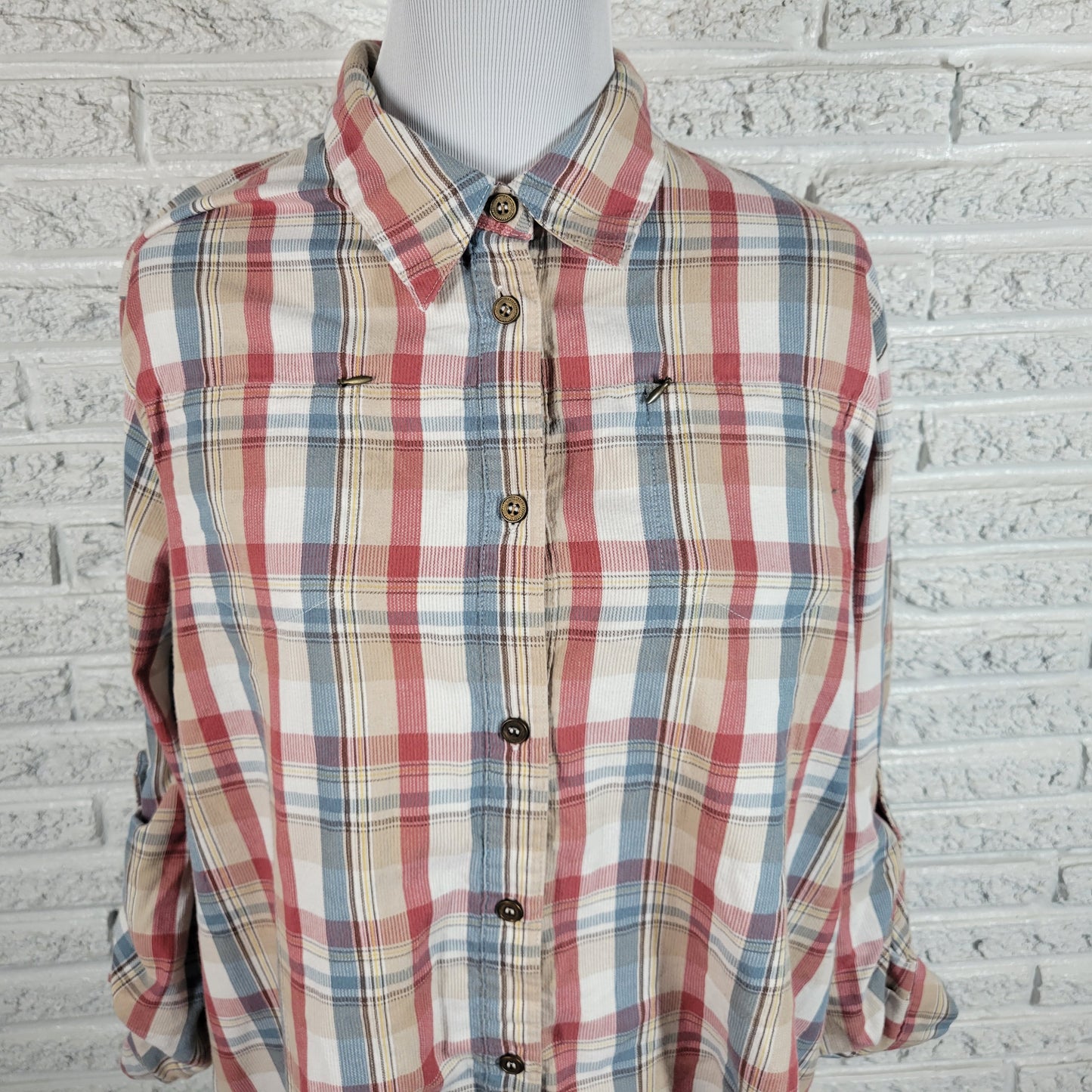 Alfred Dunner Womens Top 20W Plus Plaid Red Blue Tan Roll Tab Sleeve Zip PLA46E