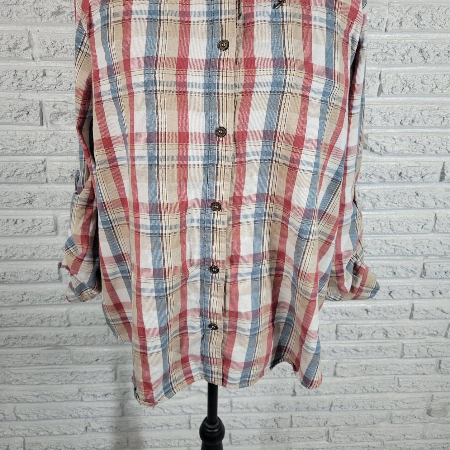 Alfred Dunner Womens Top 20W Plus Plaid Red Blue Tan Roll Tab Sleeve Zip PLA46E