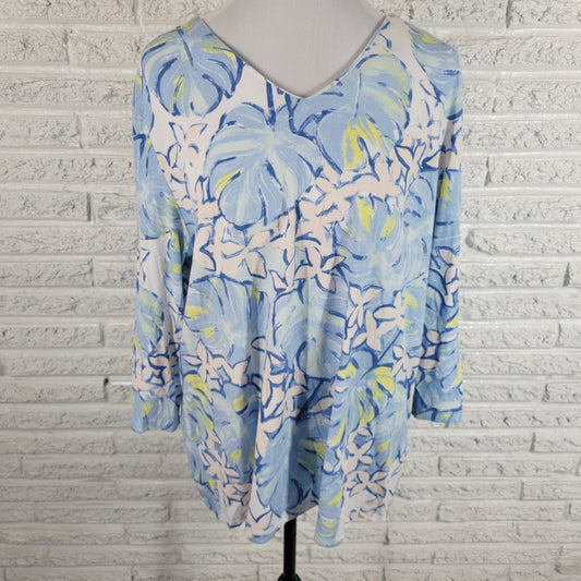 Coral Bay Womens Tee XL Blue Yellow Floral V-Neck 3/4 Sleeve Pullover FLO243E
