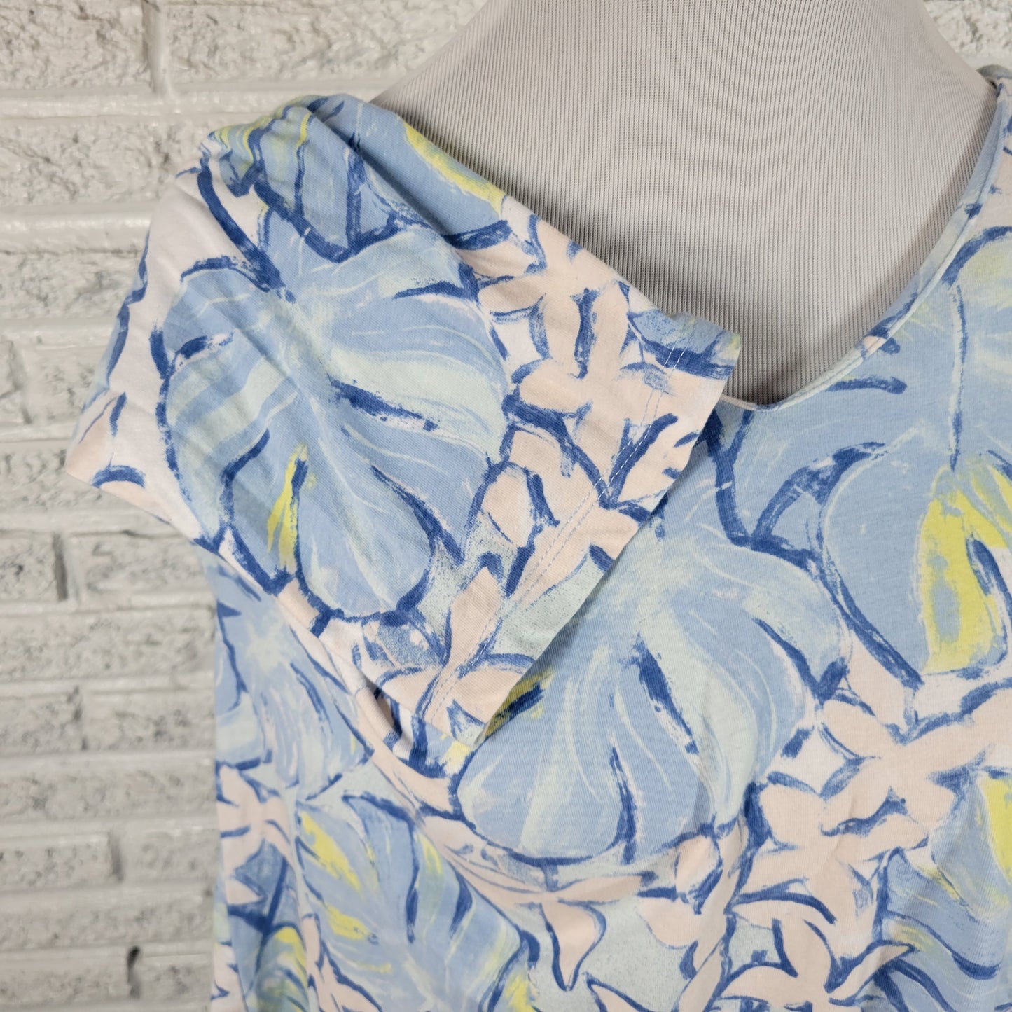 Coral Bay Womens Tee XL Blue Yellow Floral V-Neck 3/4 Sleeve Pullover FLO243E