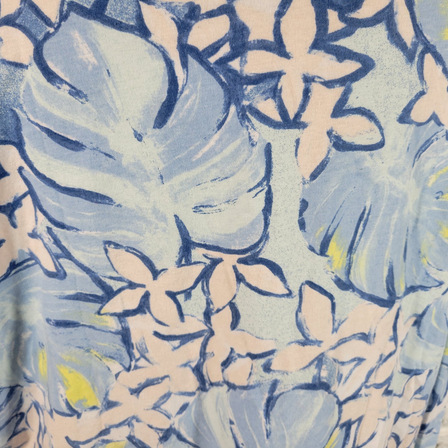 Coral Bay Womens Tee XL Blue Yellow Floral V-Neck 3/4 Sleeve Pullover FLO243E