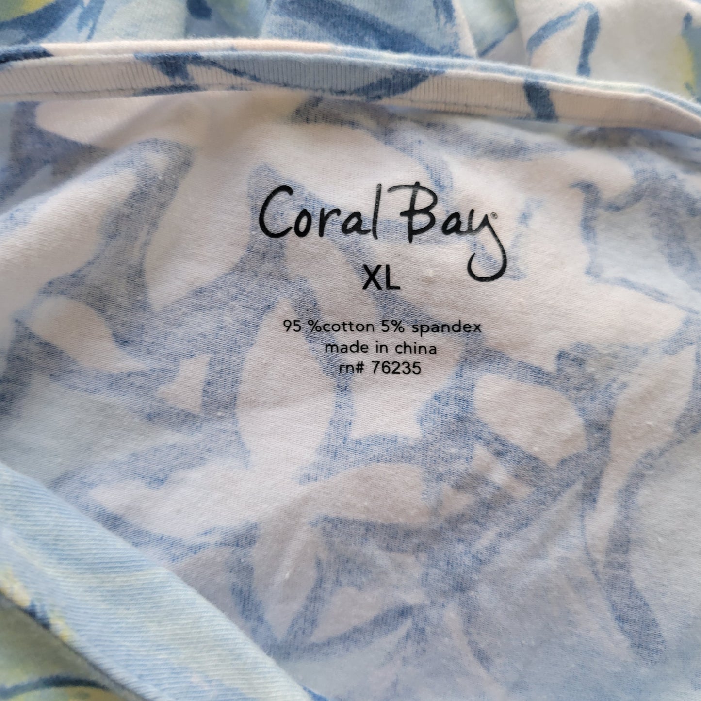 Coral Bay Womens Tee XL Blue Yellow Floral V-Neck 3/4 Sleeve Pullover FLO243E